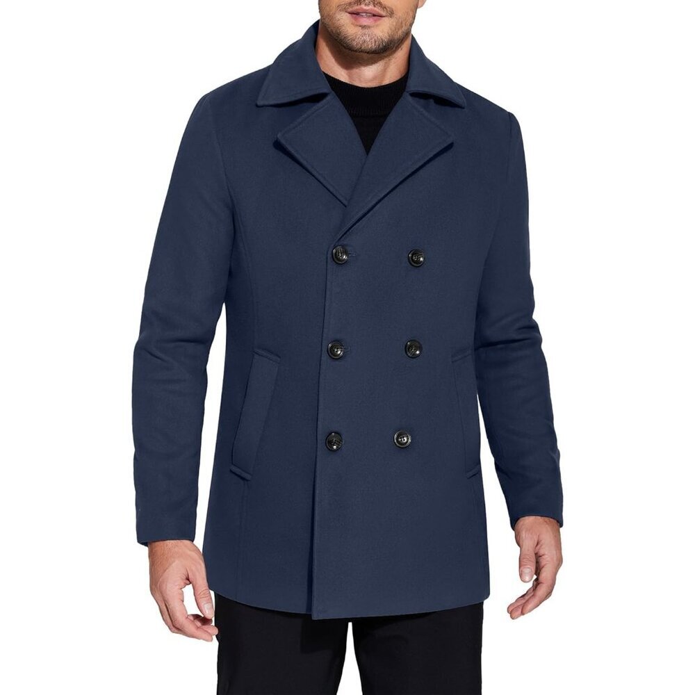 Men's Navy Blue Double Breasted Pea Coat Trench Coat Notched Collar Overcoat